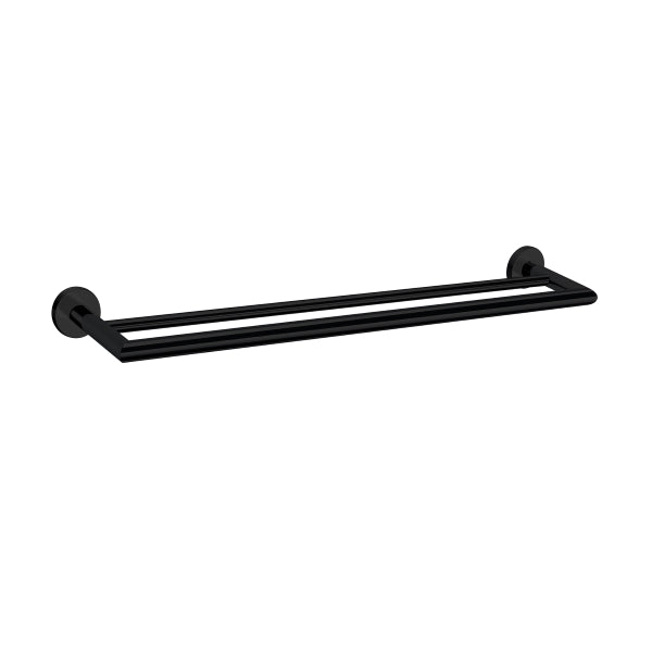 Nero Dolce double towel rail in matte black with rounded wall plates, shown on white background