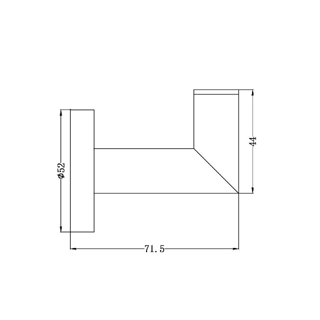 Nero Dolce robe hook technical drawing in matte black with dimensions 71.5mm x 52mm x 44mm