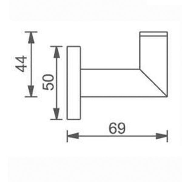 Technical drawing of Nero Dolce robe hook in brushed nickel, showing side profile and dimensions 69, 50 and 44 mm