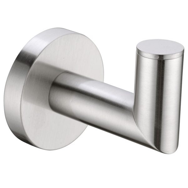 Nero Dolce robe hook in brushed nickel, wall-mounted bathroom accessory with round backplate and cylindrical hook
