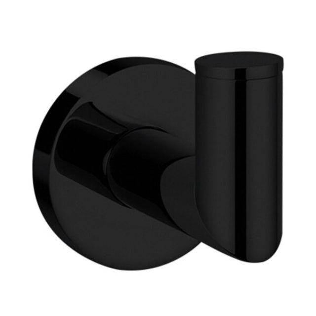 Nero Dolce robe hook in matte black, round wall-mounted bathroom accessory with sleek cylindrical hook and circular backplate