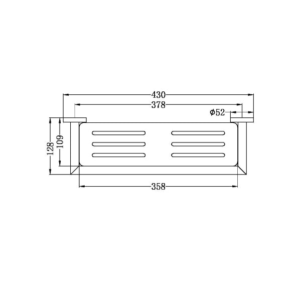 Technical drawing of Nero Dolce chrome metal bathroom shelf, showing dimensions and mounting brackets