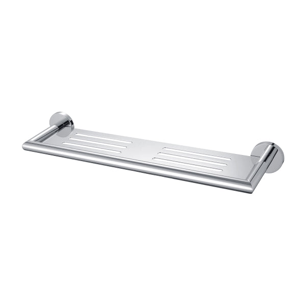 Nero Dolce chrome metal bathroom shelf with slotted tray and round wall mounts