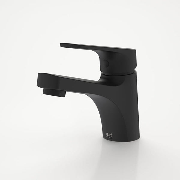 Dorf Kip basin mixer in matte black, modern curved hob-mounted tap on white background