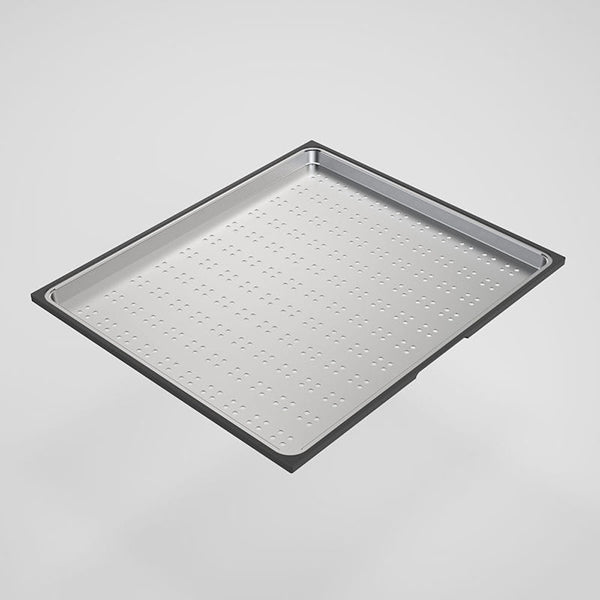 Caroma Urbane II stainless steel drainer tray, perforated rectangular sink insert with black rim