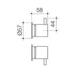 Caroma Luna wall tap handle technical drawing in chrome, showing side views and dimensions 58, 57Ø and 44mm