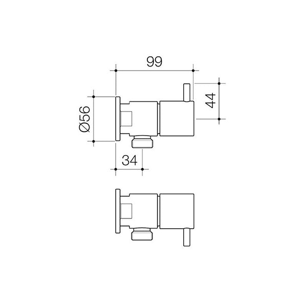 Caroma Luna washing machine tap technical drawing in chrome, showing side view with measurements 99, 56, 44 and 34 mm