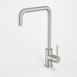 Caroma Compass Alfresco stainless steel gooseneck sink mixer, side lever handle, shown on white background