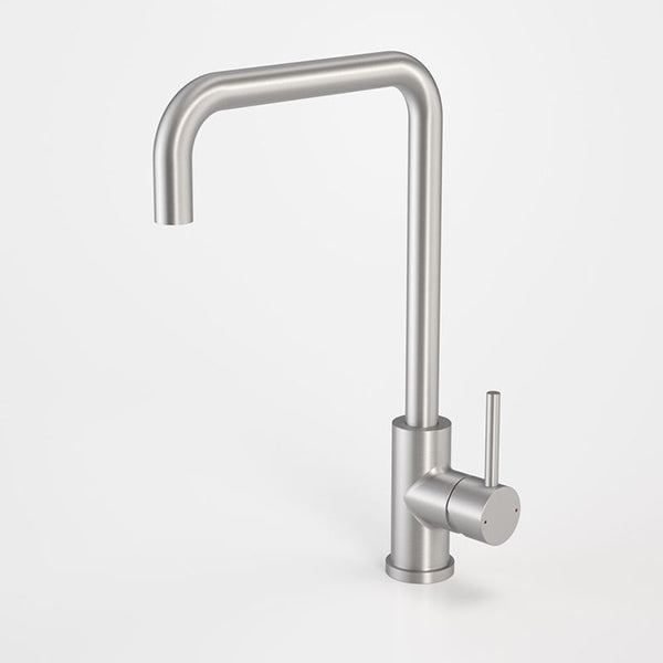 Caroma Compass Alfresco stainless steel gooseneck sink mixer, side lever handle, shown on white background