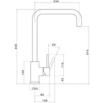 Caroma Compass Alfresco gooseneck sink mixer technical drawing, stainless steel, with dimensions and side view