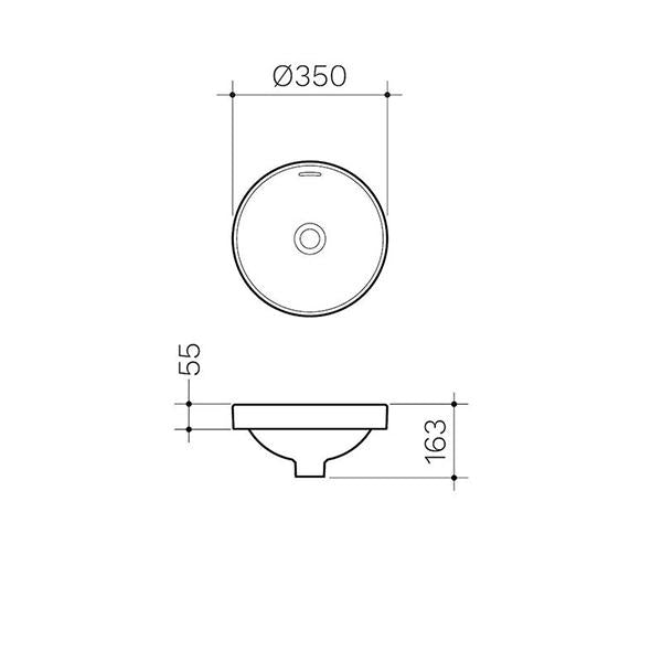 Clark round inset basin technical drawing, white ceramic, top and side views with 350mm dimensions