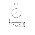Clark Round Inset Basin 400mm technical drawing, white ceramic basin with dimensions and top and side views