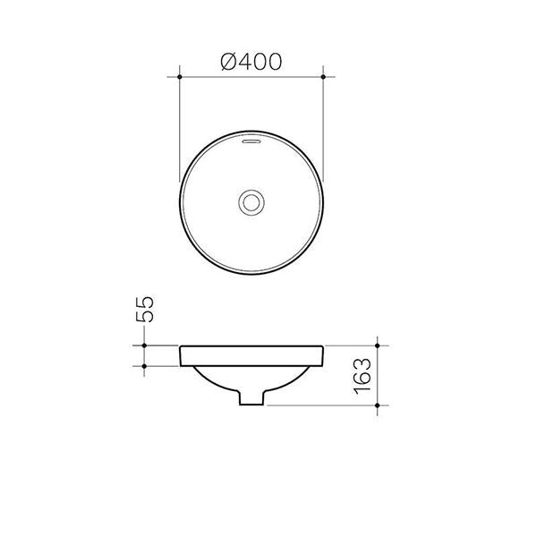 Clark Round Inset Basin 400mm technical drawing, white ceramic basin with dimensions and top and side views
