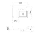 Clark Square wall basin technical drawing, 600mm white ceramic, left hand shelf, one taphole