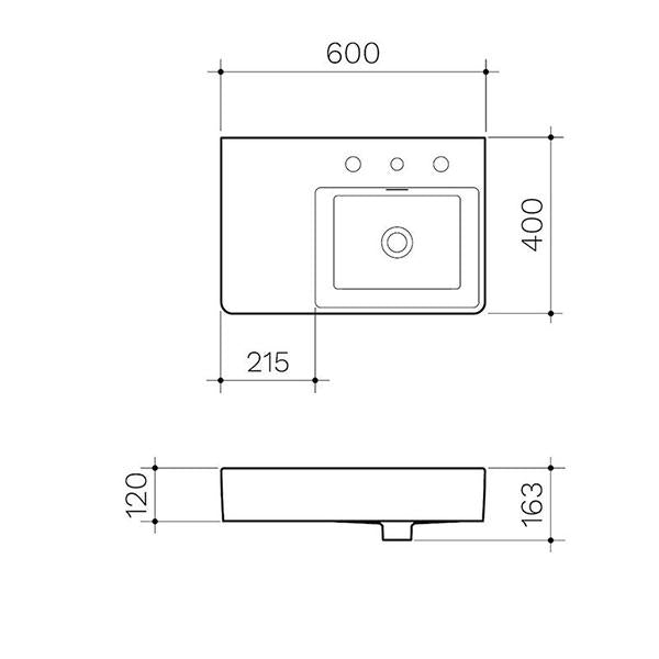 Clark Square wall basin technical drawing, 600mm white ceramic, left hand shelf, one taphole