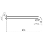 Clark right angled shower arm technical drawing, 400mm wall-mounted arm in matte black with G1/2B fittings and dimensions