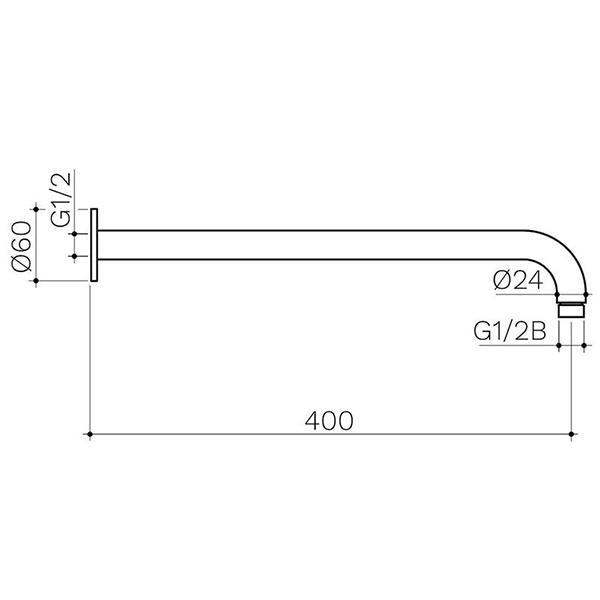 Clark right angled shower arm technical drawing, 400mm wall-mounted arm in matte black with G1/2B fittings and dimensions