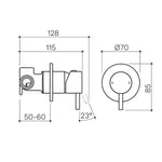 Clark Round Pin Wall Mixer chrome technical drawing with dimensions, showing front and side views of wall-mounted tap trim