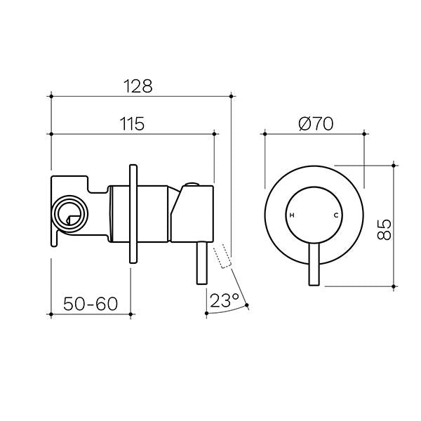 Clark Round Pin Wall Mixer chrome technical drawing with dimensions, showing front and side views of wall-mounted tap trim