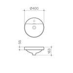 Clark Round Inset Basin technical drawing, white ceramic 400mm basin with tap landing and side dimensions