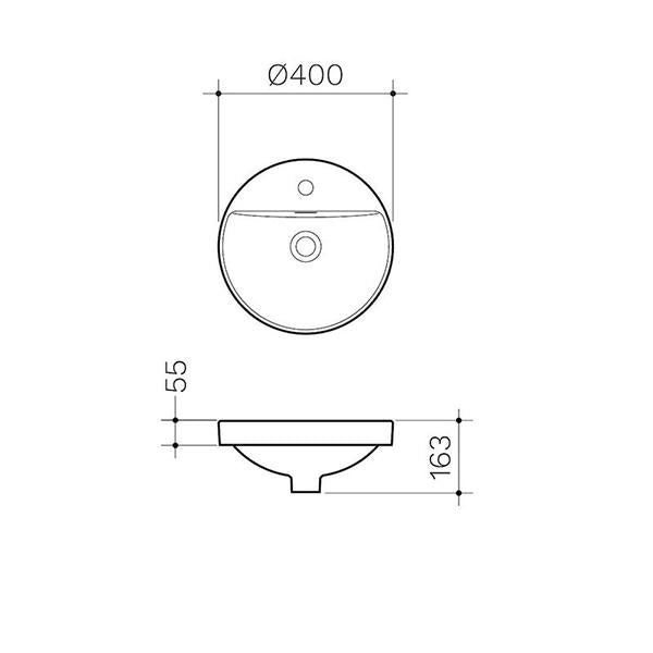 Clark Round Inset Basin technical drawing, white ceramic 400mm basin with tap landing and side dimensions