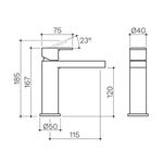 Clark Round Square basin mixer technical drawing, chrome, with dimensions shown from side and front views