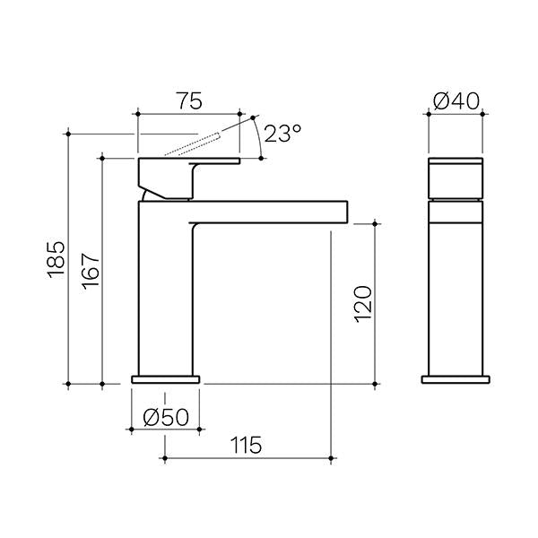 Clark Round Square basin mixer technical drawing, chrome, with dimensions shown from side and front views