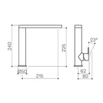 Clark Round Square sink mixer technical drawing in chrome with 240mm height, 215mm projection and 23° spout angle