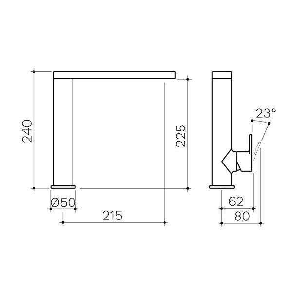 Clark Round Square sink mixer technical drawing in chrome with 240mm height, 215mm projection and 23° spout angle