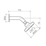 Clark round fixed shower head with arm technical drawing, chrome wall shower, shown in side view with dimensions
