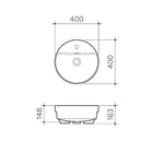 Clark Round Semi Recessed Basin 400mm technical drawing, white ceramic basin with dimensions and taphole view