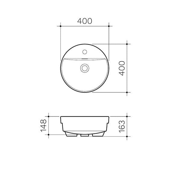 Clark Round Semi Recessed Basin 400mm technical drawing, white ceramic basin with dimensions and taphole view