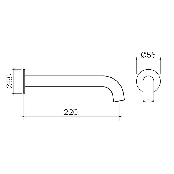 Clark Round basin/bath outlet technical drawing in chrome, 220mm projection and Ø55mm round wall plate