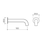 Clark Round Basin/Bath Outlet technical drawing in matte black, showing 180mm reach and Ø55 round wall plate