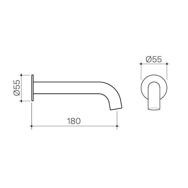 Clark Round Basin/Bath Outlet technical drawing in matte black, showing 180mm reach and Ø55 round wall plate