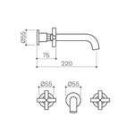 Clark Cross 3-piece wall basin/bath set technical drawing in matte black with 220mm projection and round cross handles