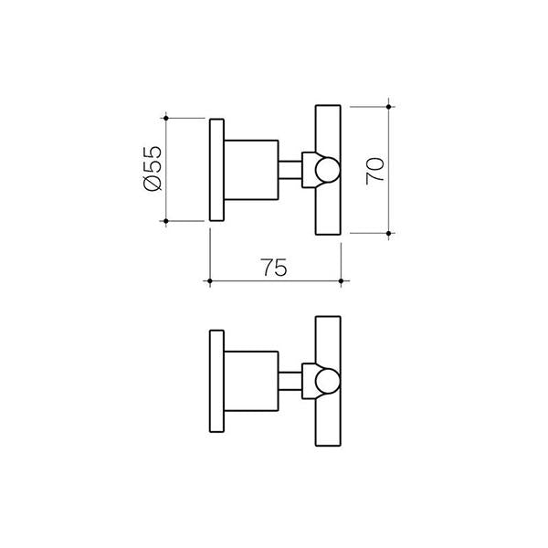 Clark Cross wall top assembly technical drawing in matte black with dimensions and side view, round cross-handle tap set