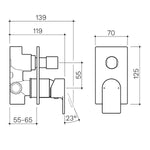 Clark Round Square wall mixer with diverter technical drawing, chrome wall-mounted tap dimensions shown in side and front views