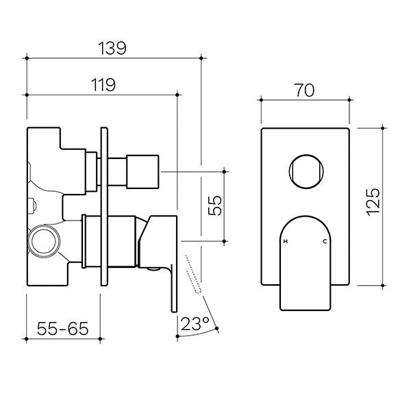 Clark Round Square wall mixer with diverter technical drawing, chrome wall-mounted tap dimensions shown in side and front views