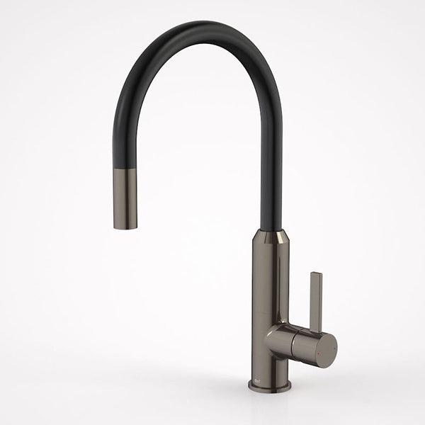 Dorf Vixen pull-out sink mixer in black nickel, with curved black spout and single lever on a round base