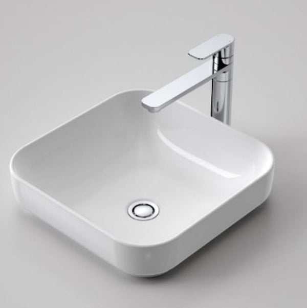 Caroma Tribute square inset basin, gloss white ceramic, 400mm, with chrome mixer tap view shown