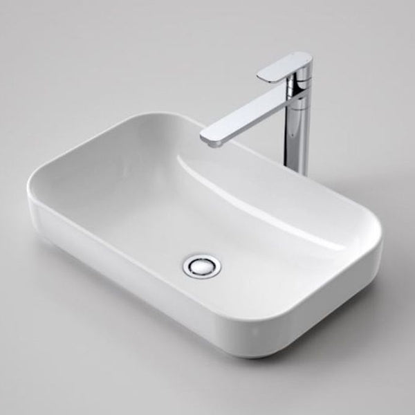 Caroma Tribute rectangular inset basin in gloss white ceramic with thin rim and chrome waste hole, shown with mixer tap