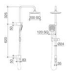 Technical drawing of Caroma Luna shower on rail in chrome, showing overhead and handheld shower dimensions and square heads