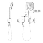 Caroma Luna multifunctional hand shower chrome, shown in technical drawing with square handset and hose dimensions