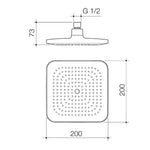 Caroma Luna 200mm square overhead shower head technical drawing, chrome finish, front and side views with dimensions