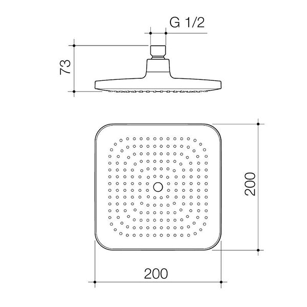 Caroma Luna 200mm square overhead shower head technical drawing, chrome finish, front and side views with dimensions
