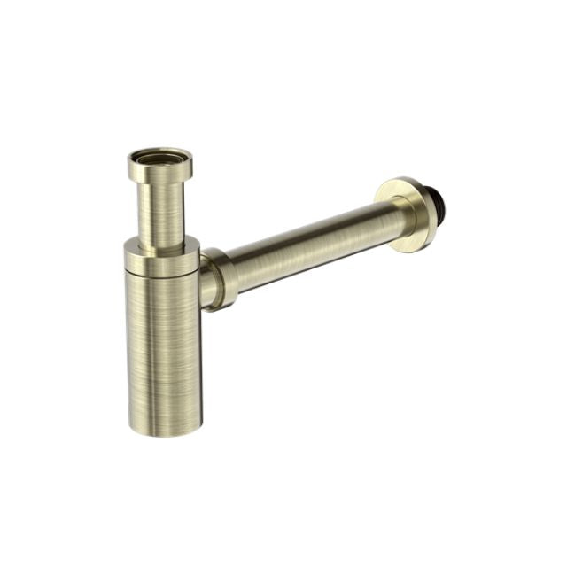 Nero 40mm round bottle trap in aged brass, exposed basin waste fitting with cylindrical body and horizontal pipe view
