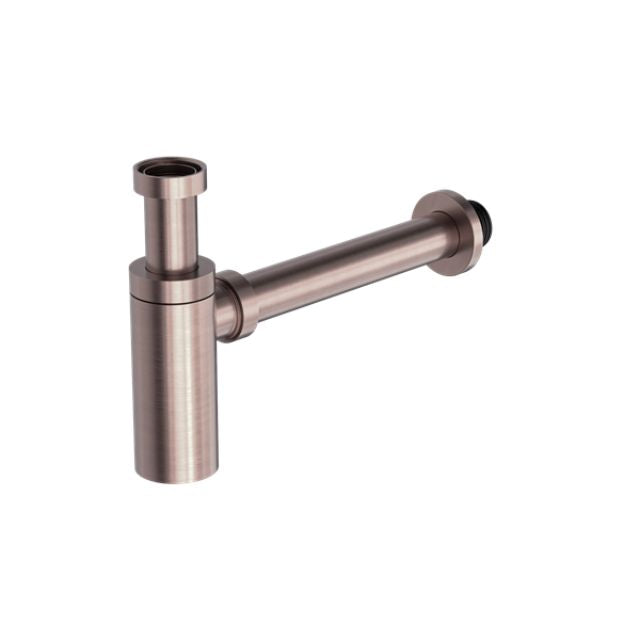 Nero 40mm round bottle trap in brushed bronze, wall-hung basin trap with brass finish on white background
