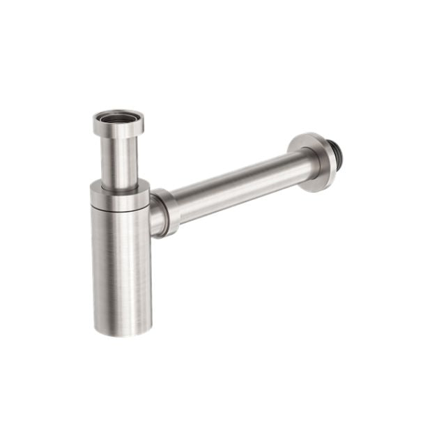 Nero round bottle trap in brushed nickel, 40mm waste connection, shown on white background