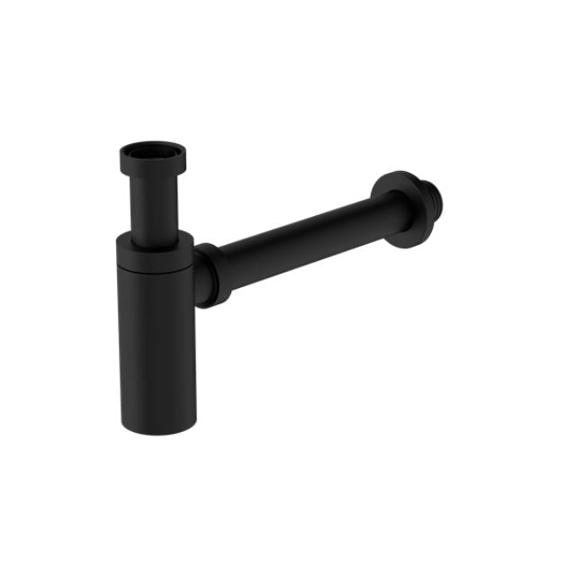Nero 40mm round bottle trap in matte black, exposed basin waste trap with cylindrical body and side outlet